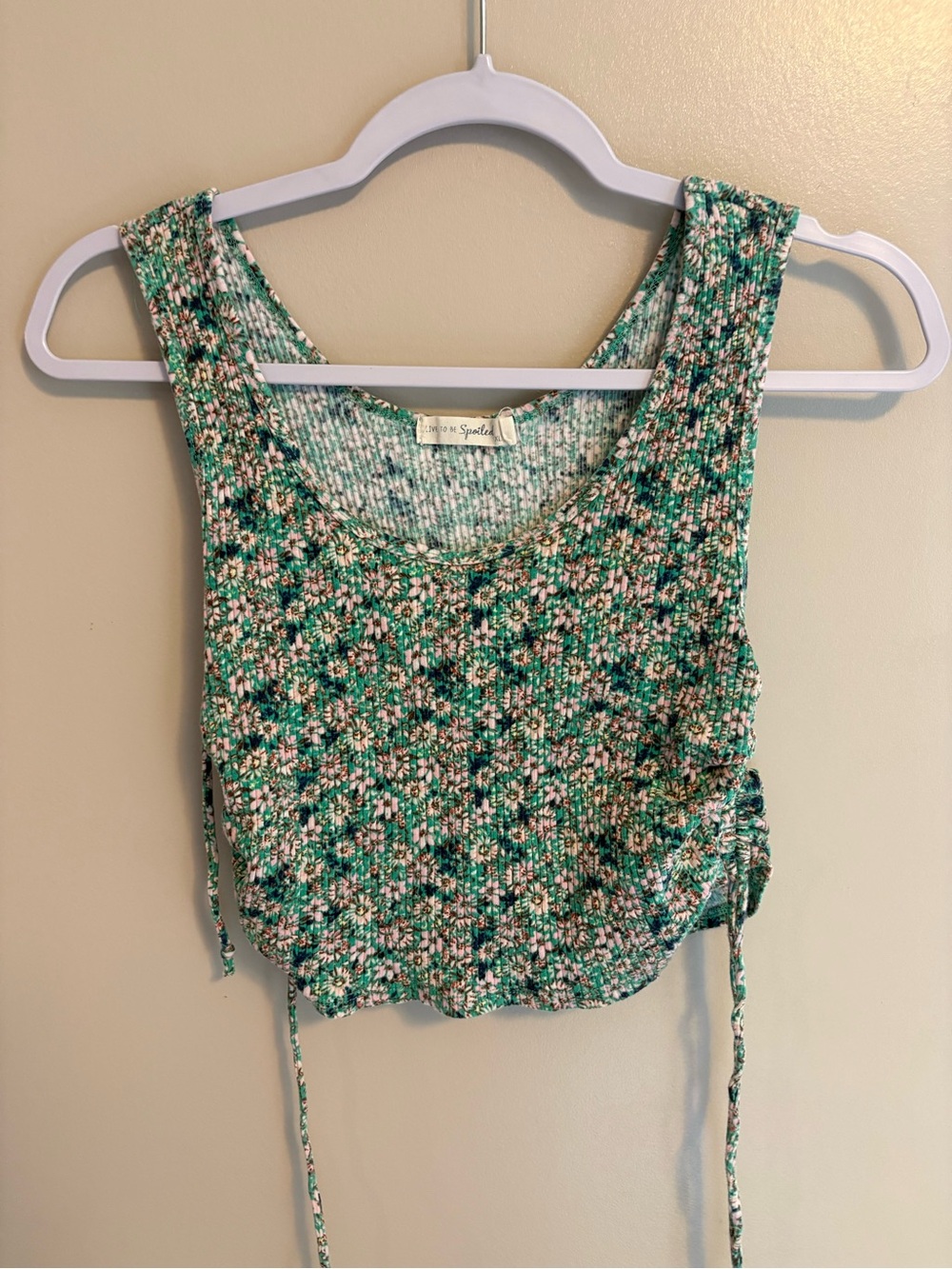 Green Floral Ribbed Crop Tank with Side Drawstrings